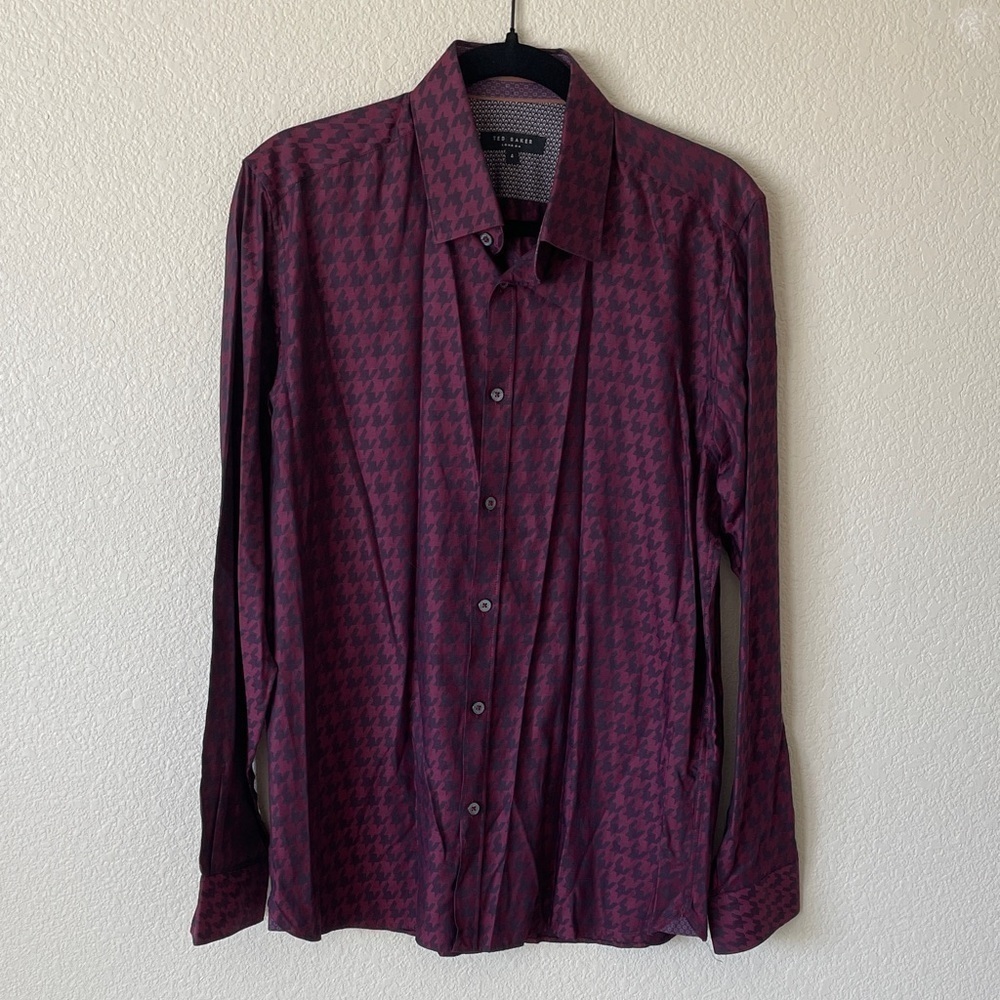 Ted Baker Button Down Dress Shirt Men’s 4 US Size L Geometric Houndstooth Career